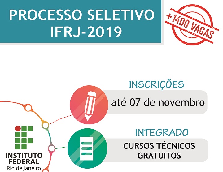 Retângulo verde com o texto Processo Seletivo IFRJ 2019 em branco. Abaixo, está escrito: Inscrições de 17/09 a 07/11