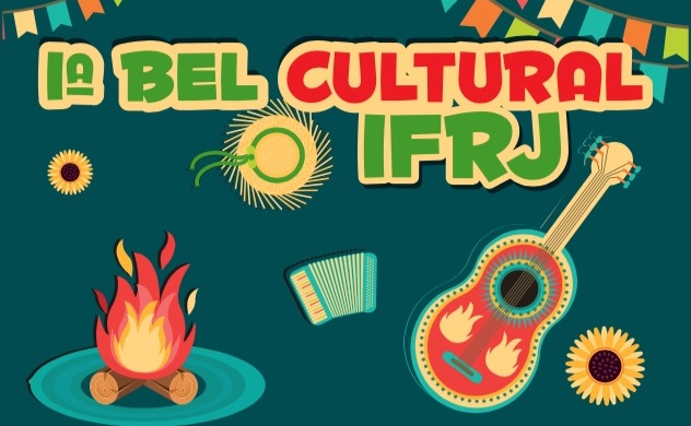 cartaz em verde, escrita em verde claro e vermelha "primeira bel cultural", arte junina, com fogueira, bandeirinhas e violão